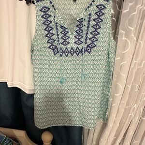 Talbots light green and white shirt with purple and black Embroidery, sleeveless